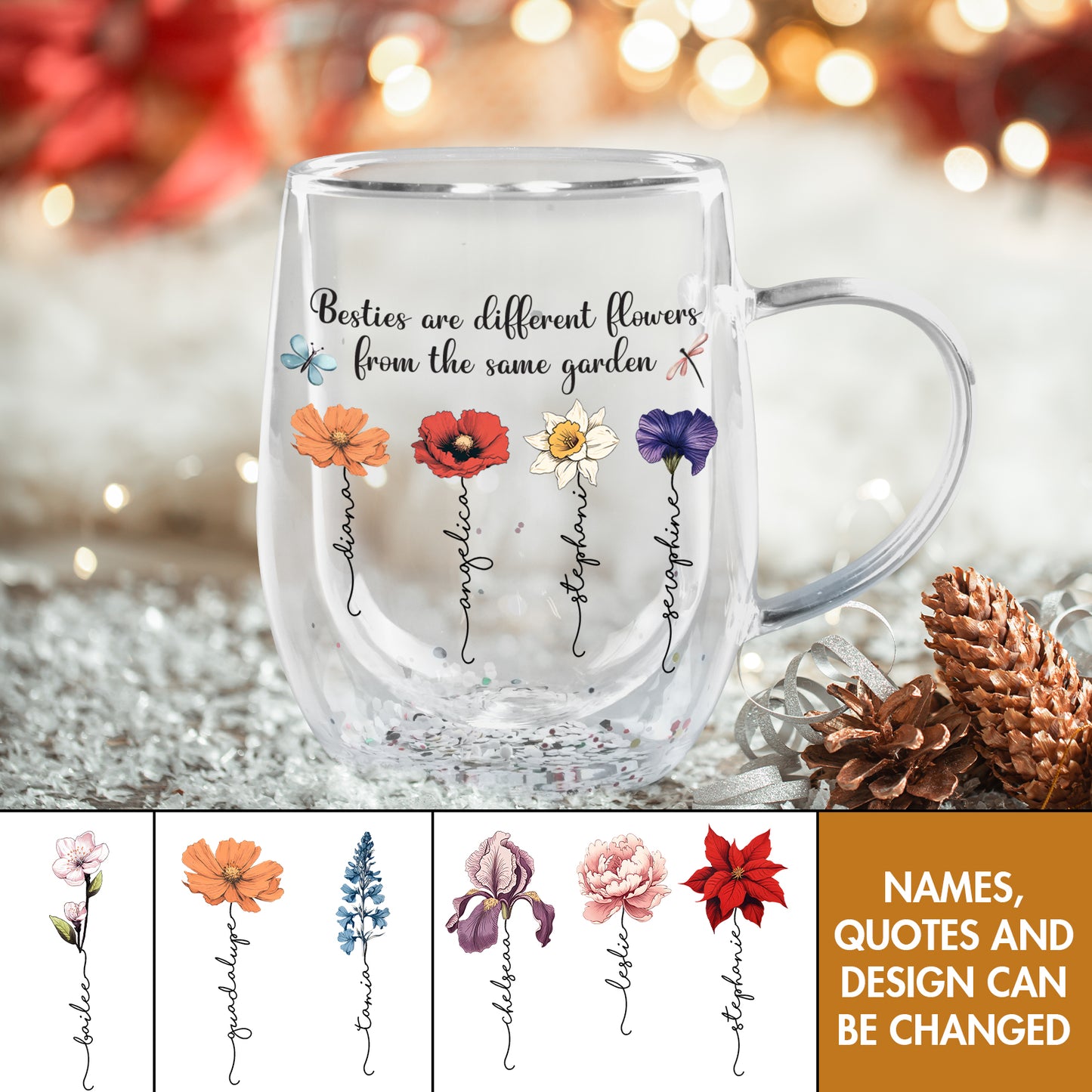 Bestie - Gift For Besties/Sisters - Personalized Double Walled Flowers Glass Mug