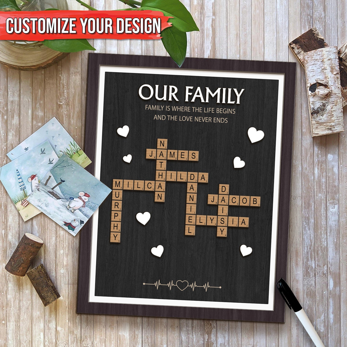 Family - Forever Linked Together - Personalized Crossword Scrabble Wooden Sign