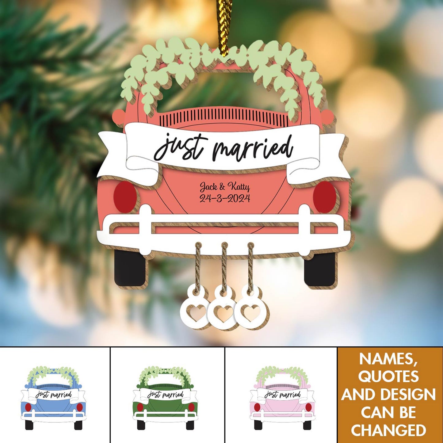 Couple - Just Married - Personalized Wooden Ornament