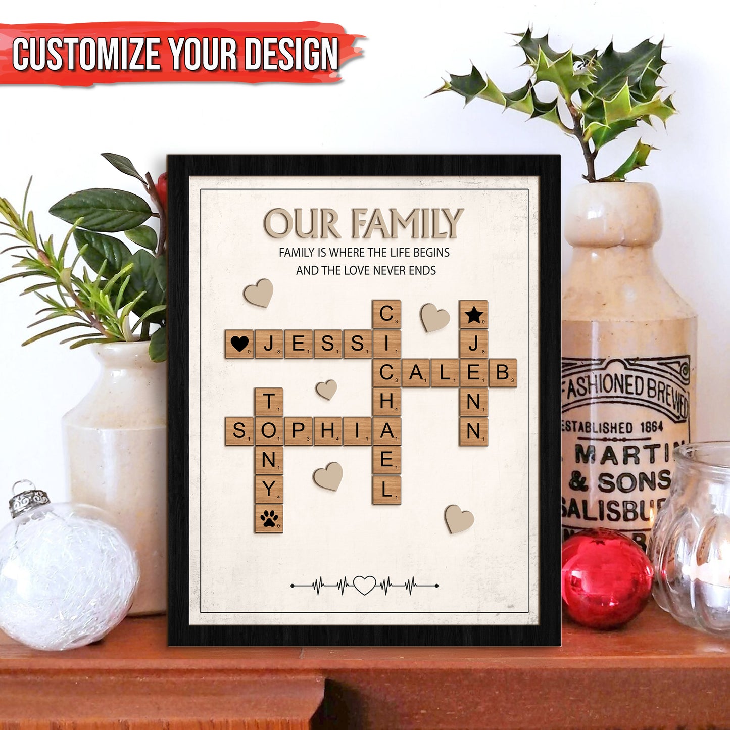 Family - Forever Linked Together - Personalized Crossword Scrabble Wooden Sign