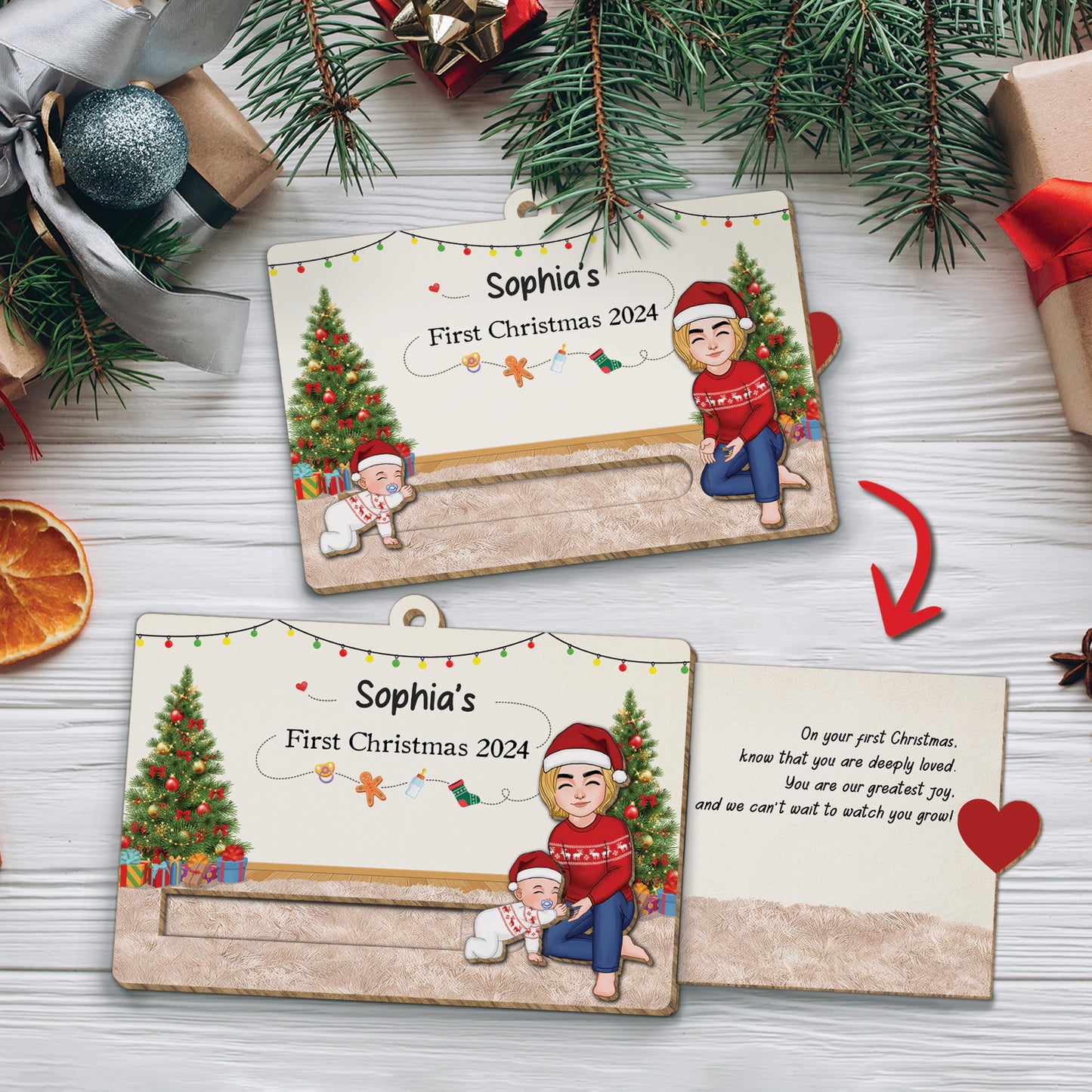 Family - Baby's First Christmas 2024 - Personalized Wooden Slider Card