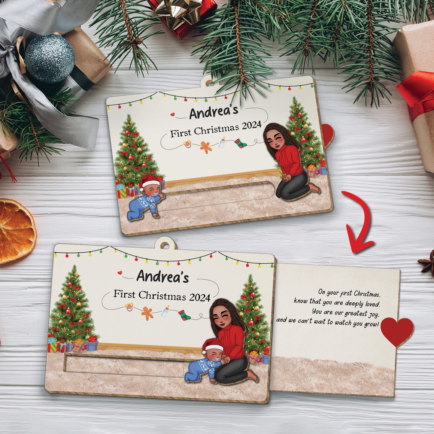 Family - Baby's First Christmas 2024 - Personalized Wooden Slider Card