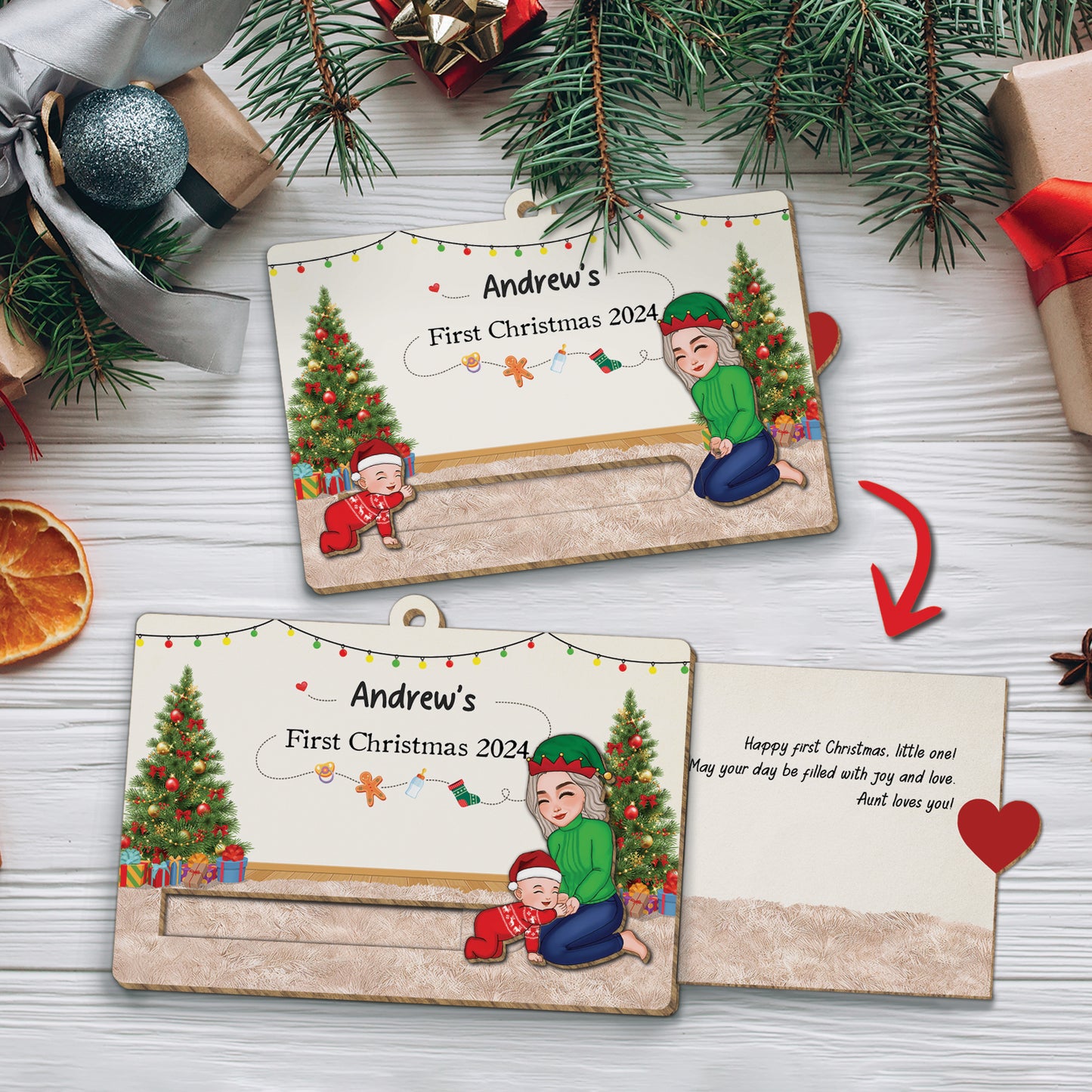 Family - Baby's First Christmas 2024 - Personalized Wooden Slider Card