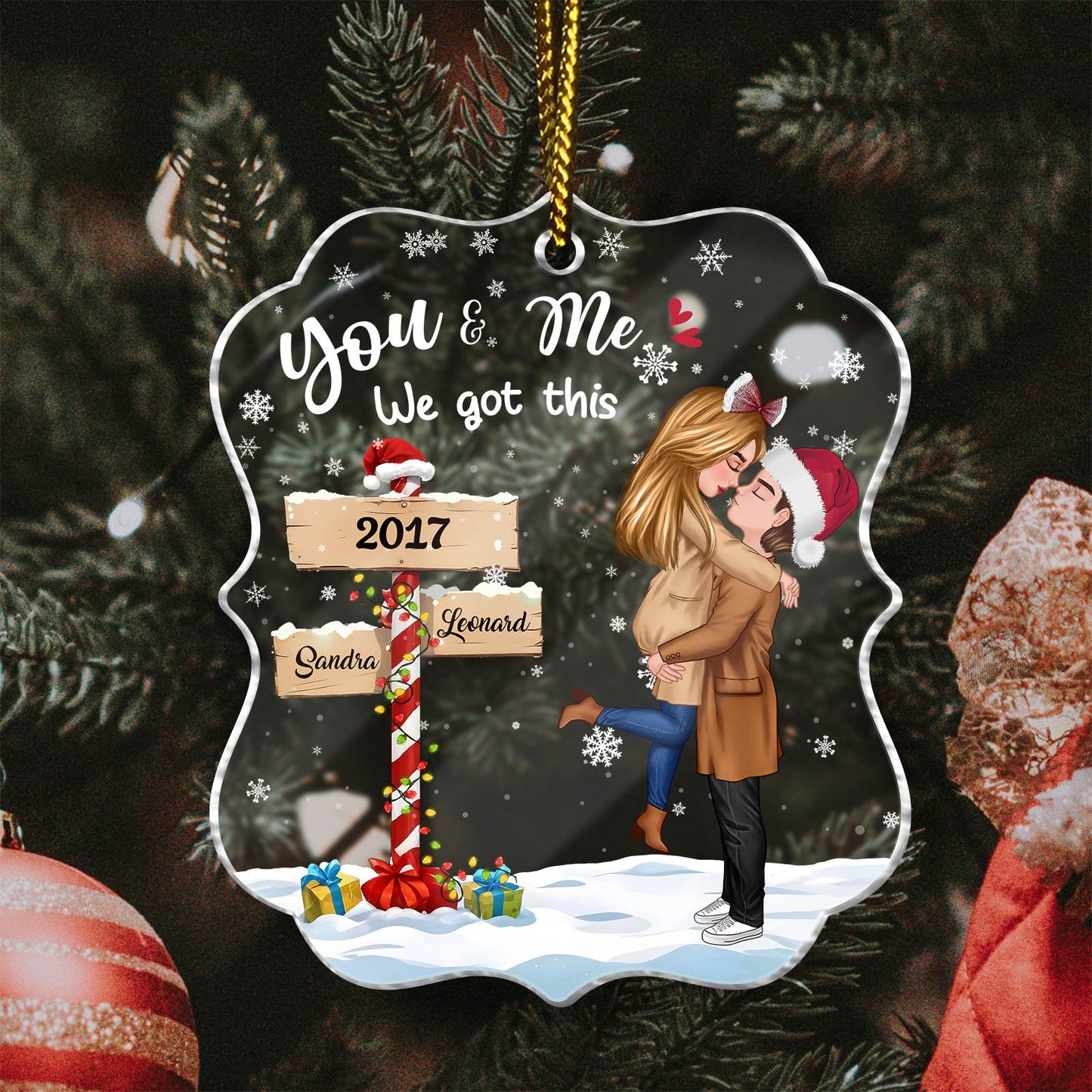 Couple - Winter Couple Hugging Kissing In The Snow - Personalized Acrylic Ornament