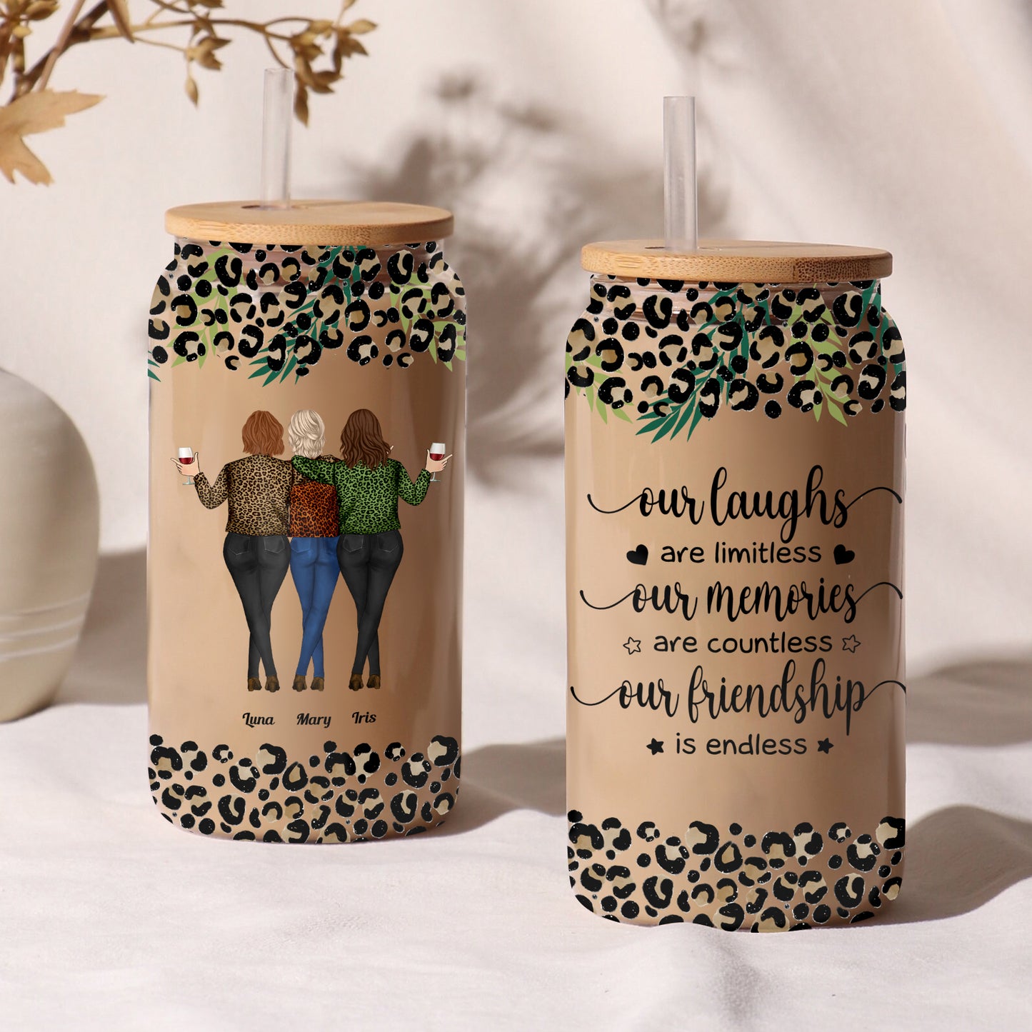 Friends - Our Laughs Are Limitless Our Memories Are Countless Friends - Personalized Clear Glass Can