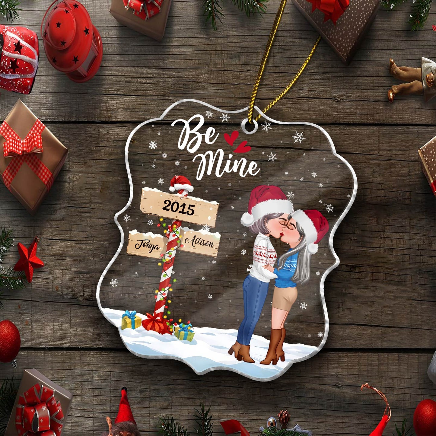 Couple - Winter Couple Hugging Kissing In The Snow - Personalized Acrylic Ornament