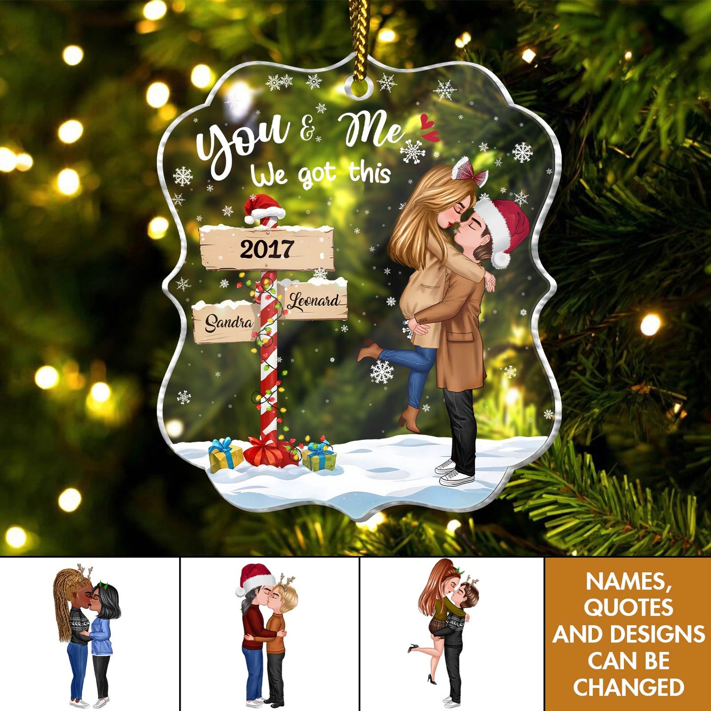 Couple - Winter Couple Hugging Kissing In The Snow - Personalized Acrylic Ornament