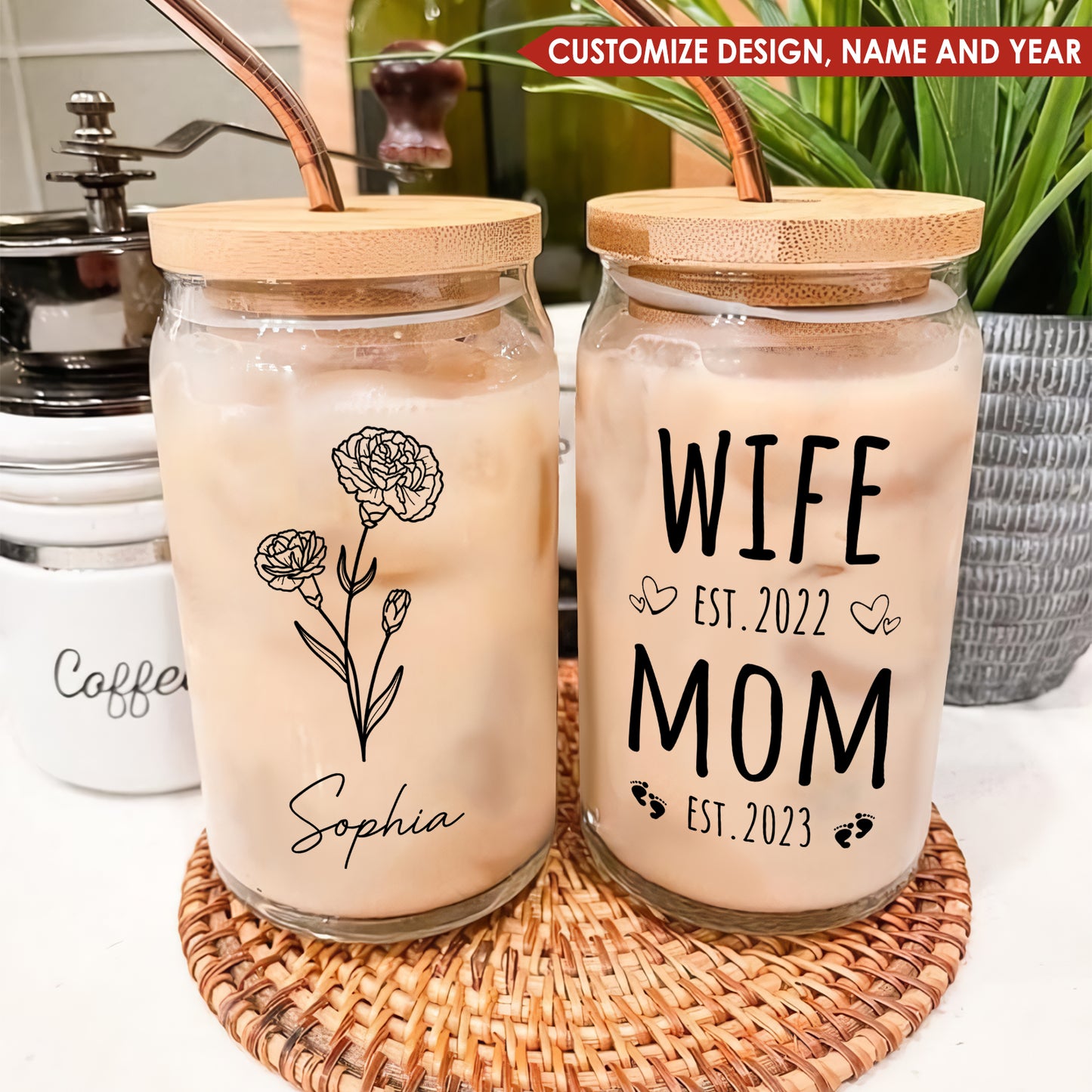 Mother's Day - Wife Mom Est Birthflower - Personalized Clear Glass Can