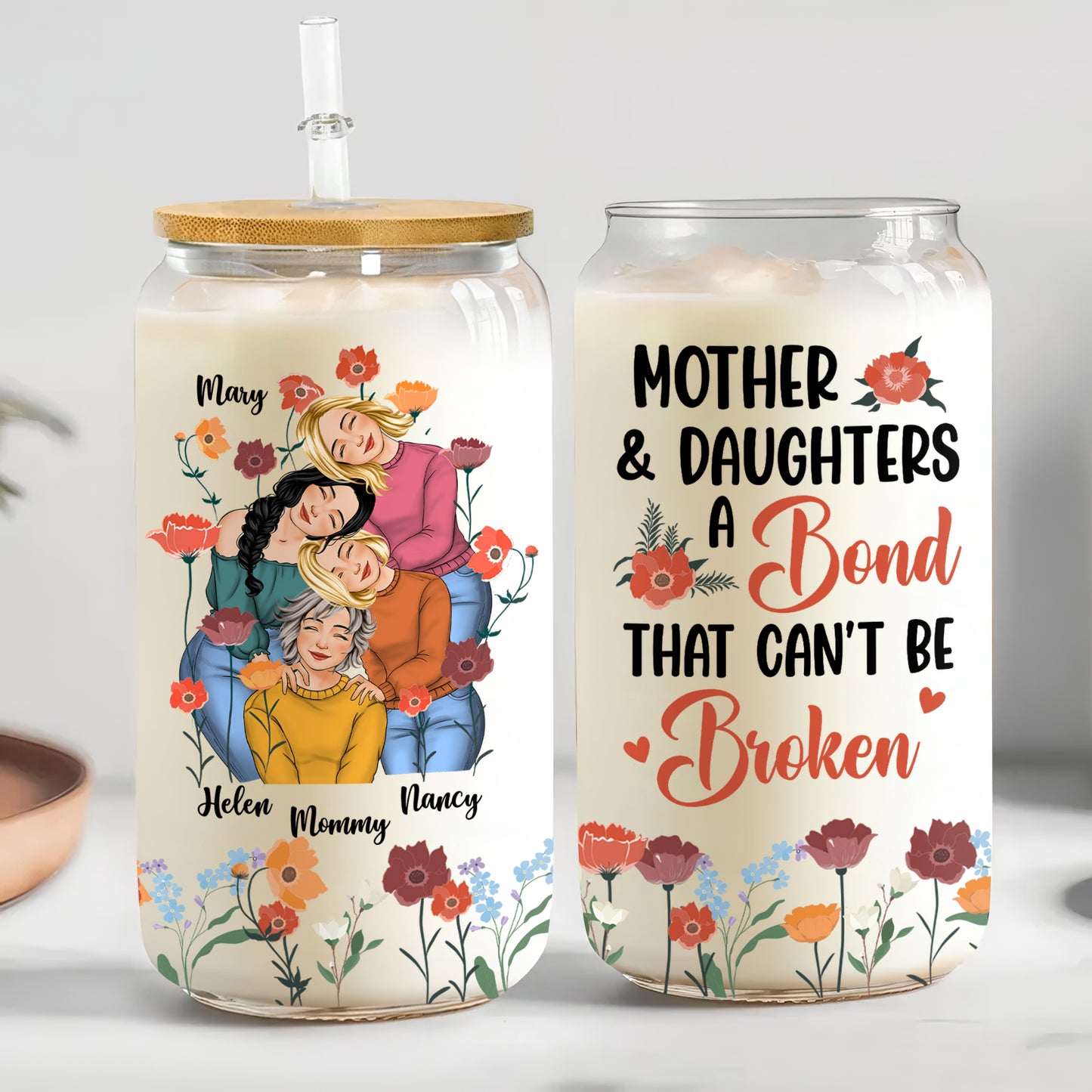 Mother - Mother & Daughters A Bond That Can't Be Broken - Personalized Clear Glass Can