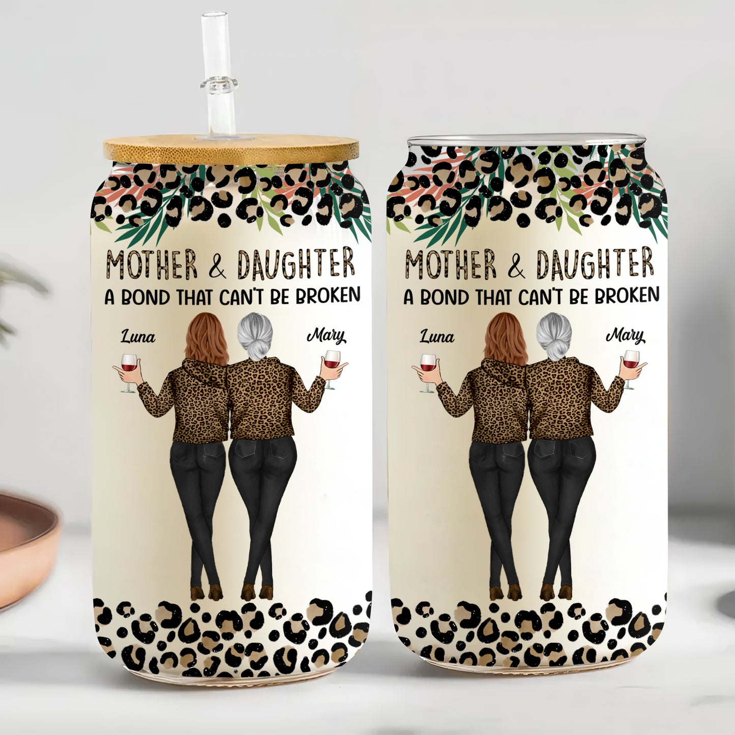 Mother - Mother & Daughters A Bond That Can't Be Broken - Personalized Clear Glass Can (Version 2)
