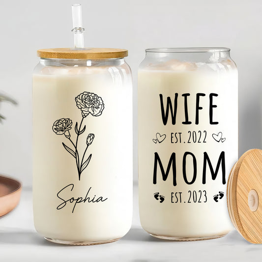 Mother's Day - Wife Mom Est Birthflower - Personalized Clear Glass Can