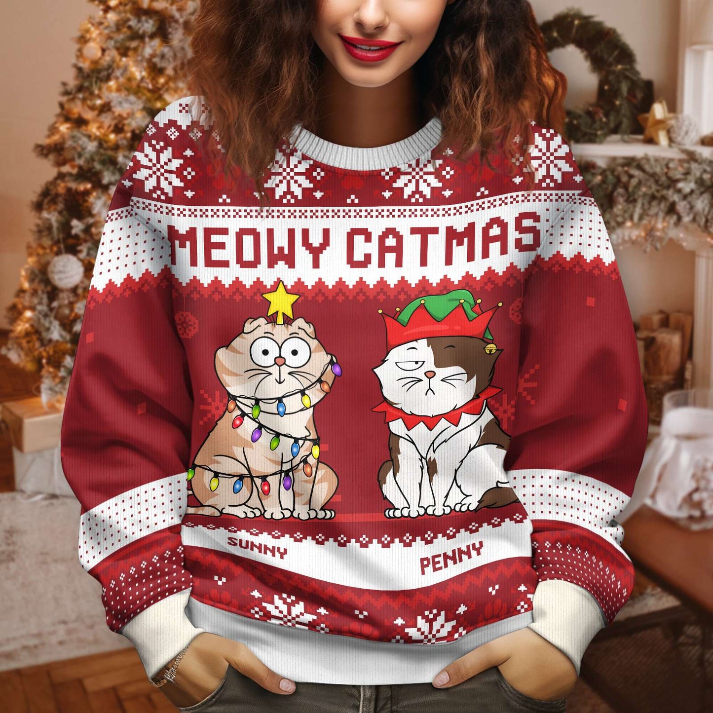 Pet Lovers - Meowy Catmas Funny Cartoon Cats - Personalized Ugly Sweater