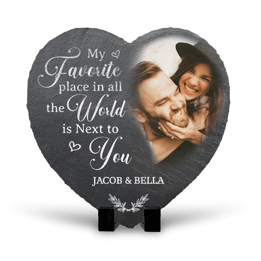 Couple - My Favorite Place In All The World Is Next To You - Personalized Heart Shaped Stone