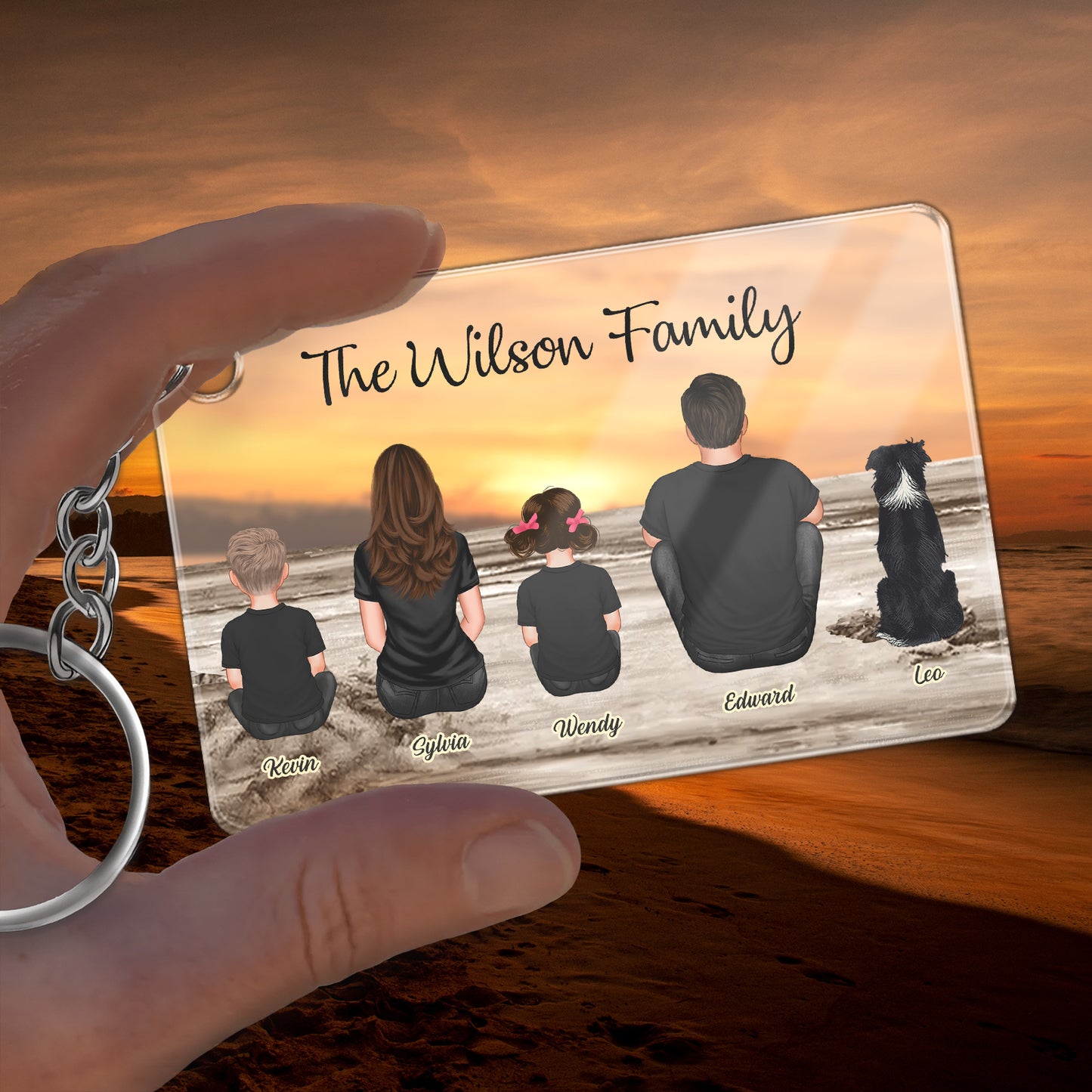 Family - Family Sitting Back View Retro Vintage Beach Landscape -Personalized  Acrylic Keychain